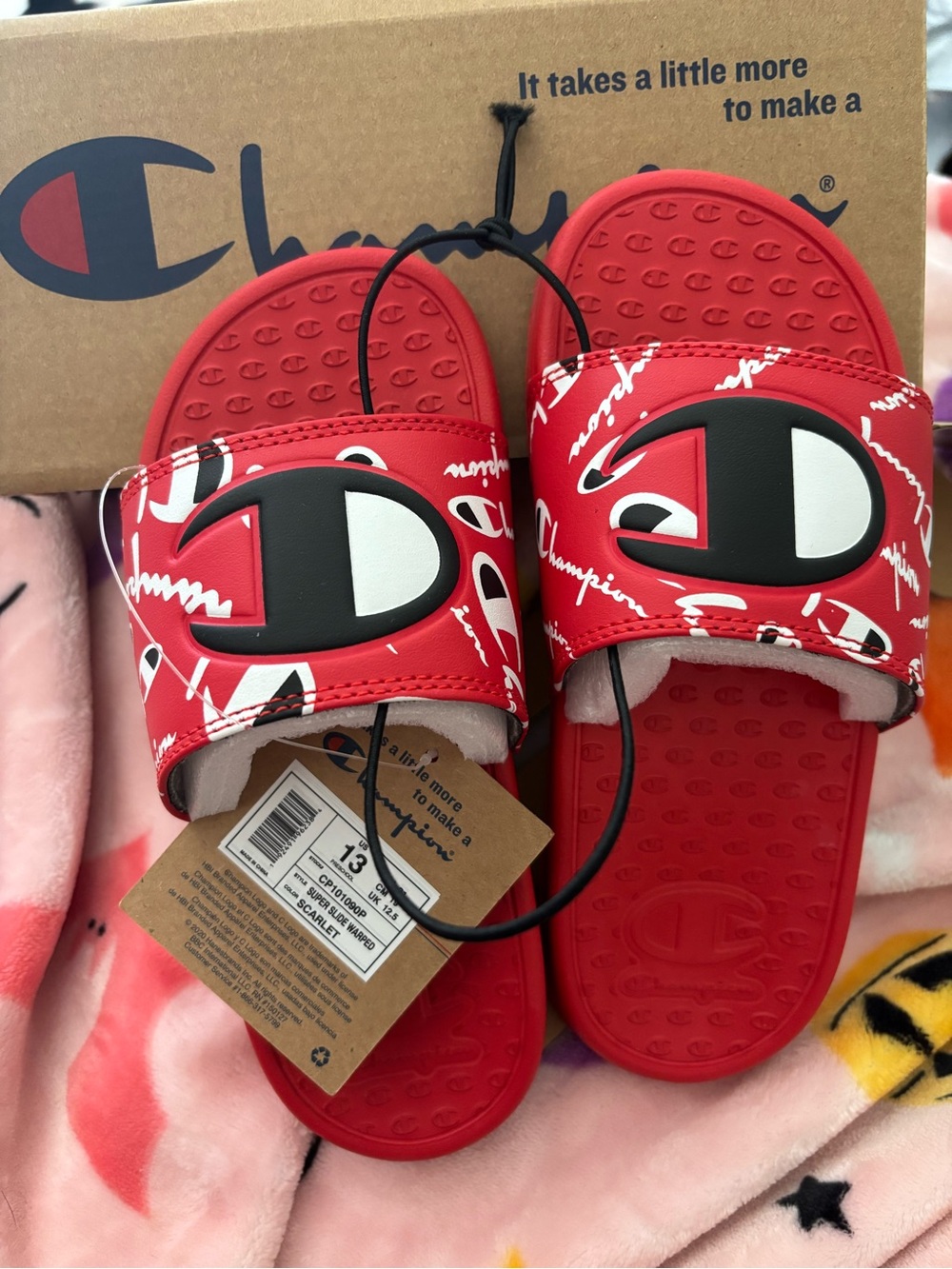Champion Red and Black Logo Slide Sandals for Kids with White Accents